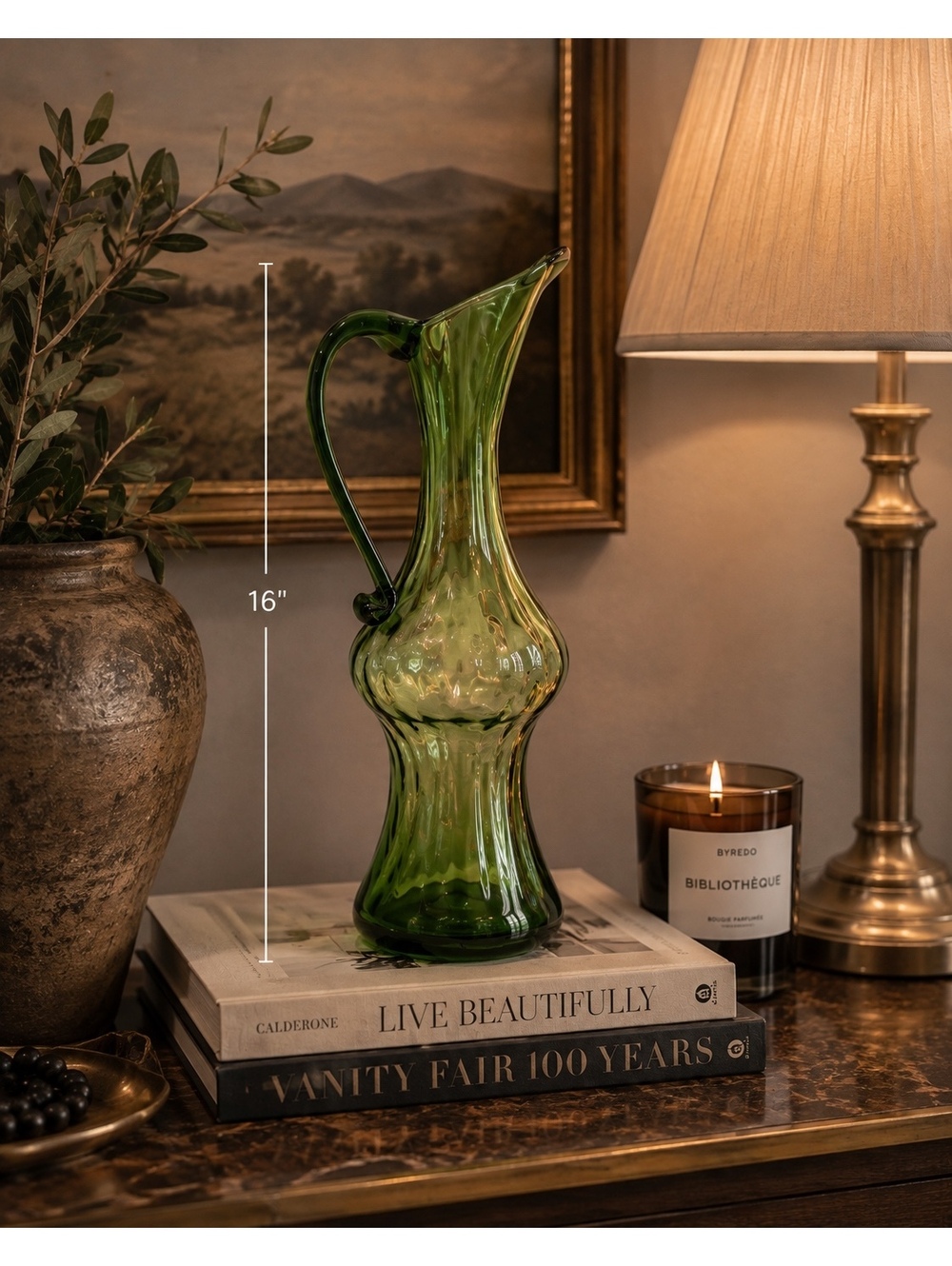 Vintage Hand Blown Green Art Glass Pitcher Ewer Applied Handle Pontil MCM 16"
